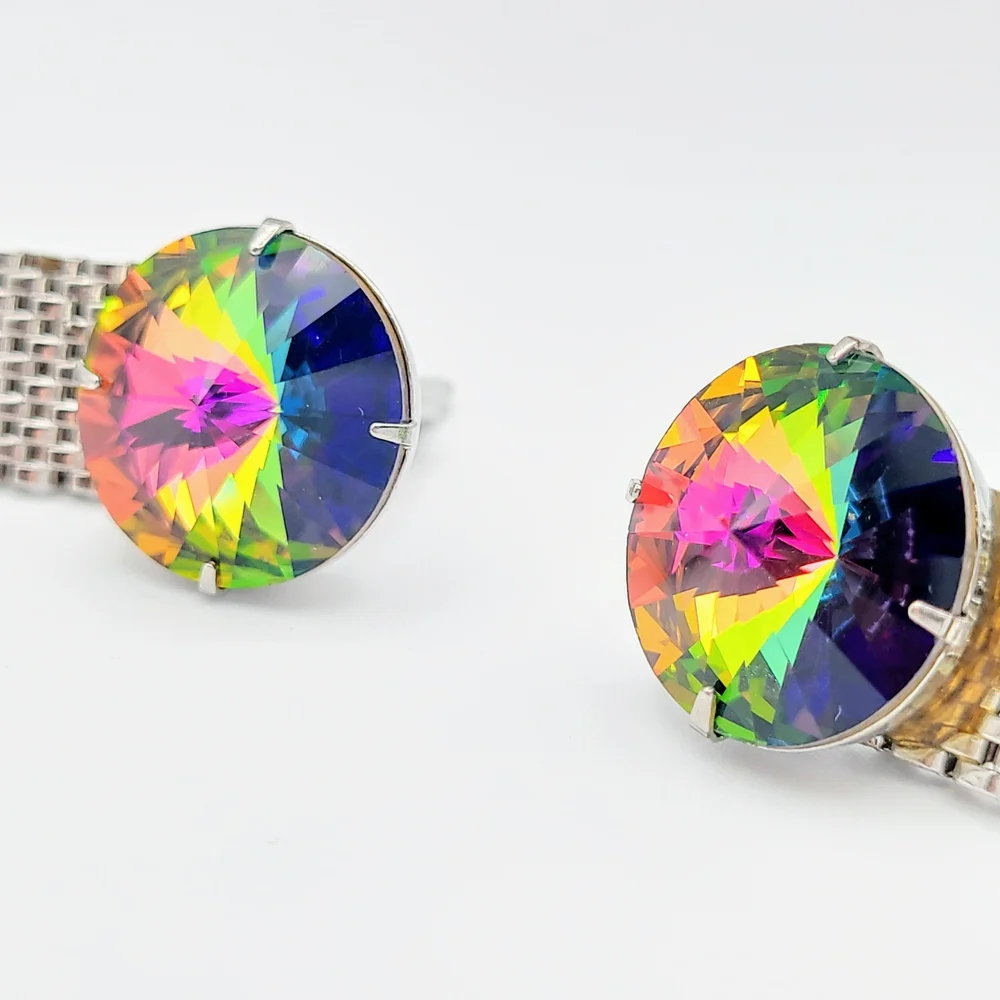 Vintage Rainbow Rivoli Crystal Silver Tone Mesh Cufflinks - Picture 6 of 12